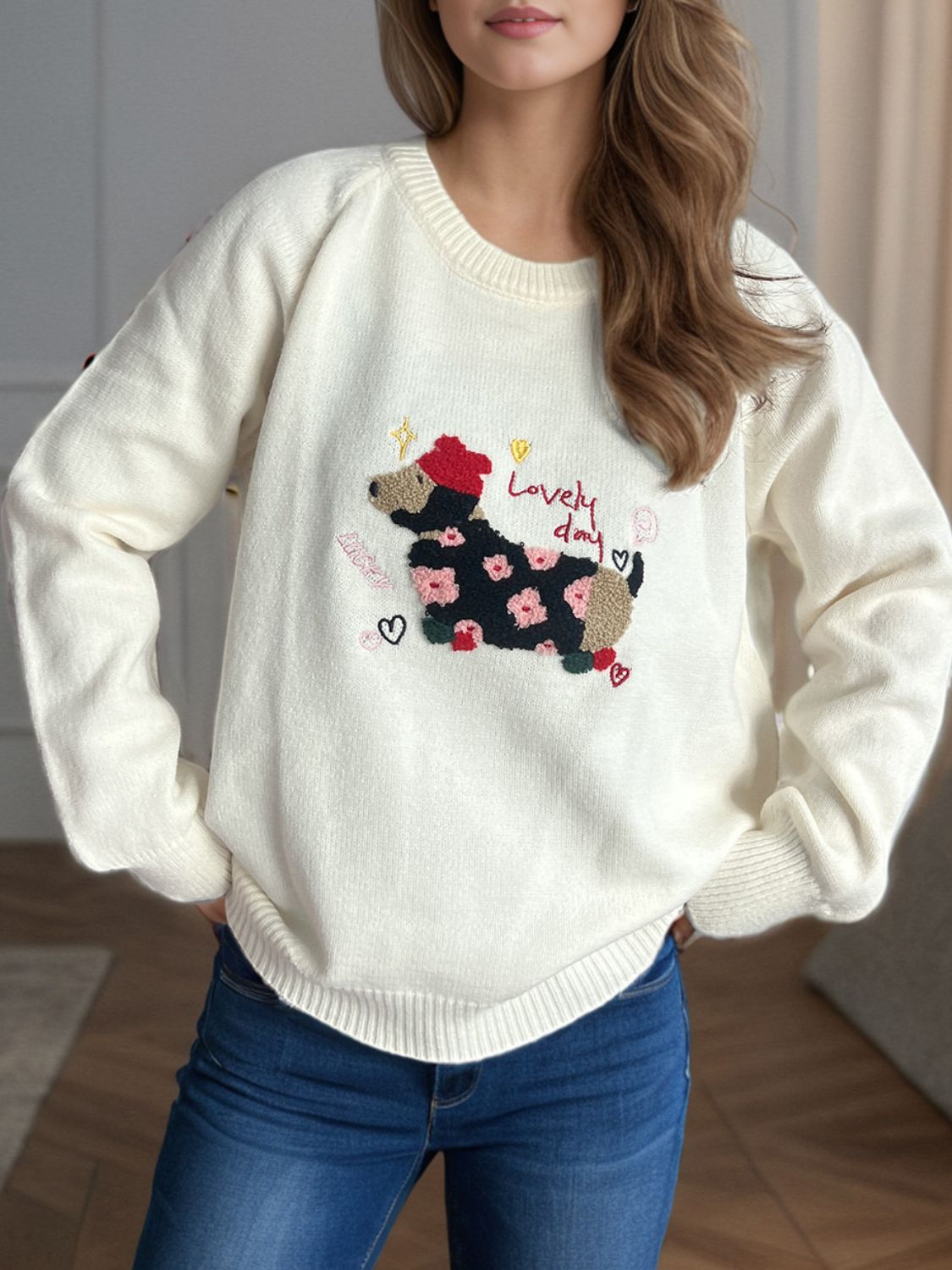 Puppy Round Neck Raglan Sleeve Sweater - Sydney So Sweet