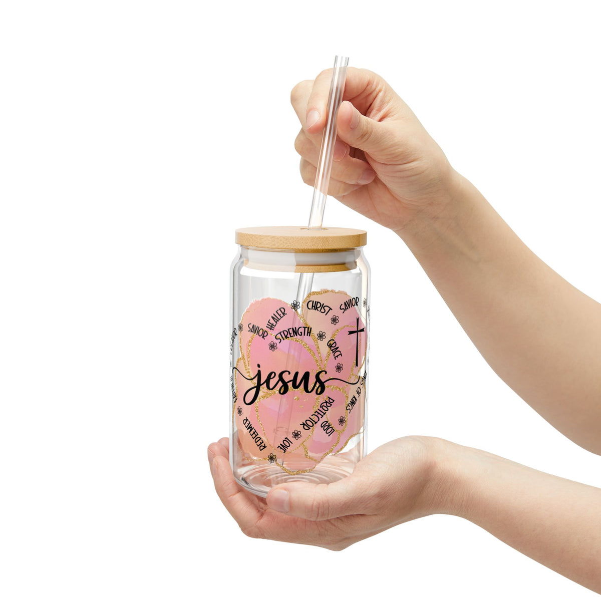 Jesus Strength & Grace Christian Tumbler Sipper Glass 16oz — Reusable Drink Jar with Lid & Straw