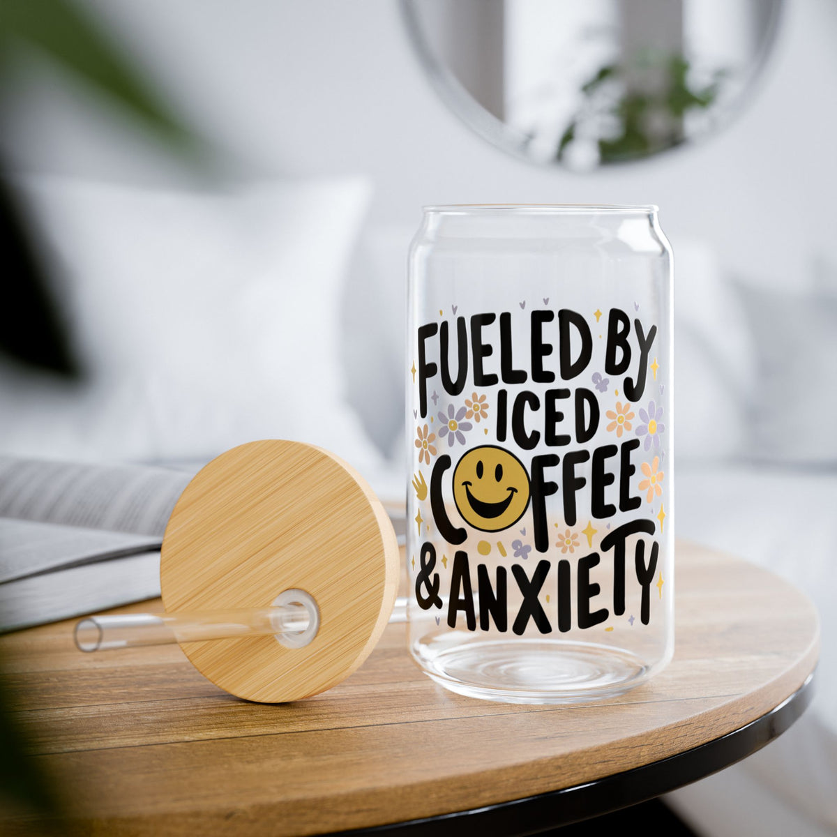 Fuel By Iced Coffee & Anxiety Smile Sipper Glass 16oz Reusable Drink Jar with Lid & Straw