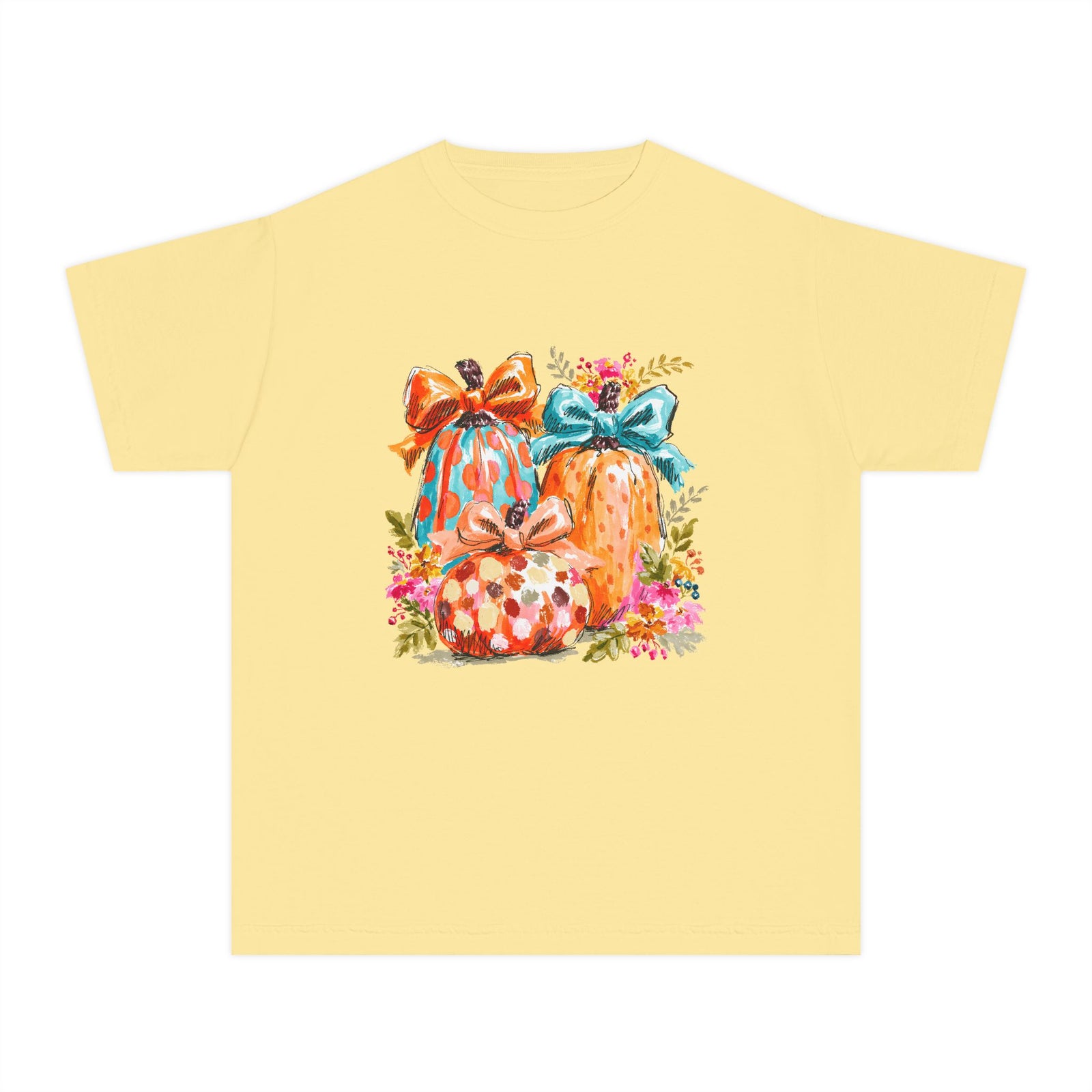 Floral Preppy Coquette Fall Pumpkin T-Shirt Cute Watercolor Kids Graphic Tee
