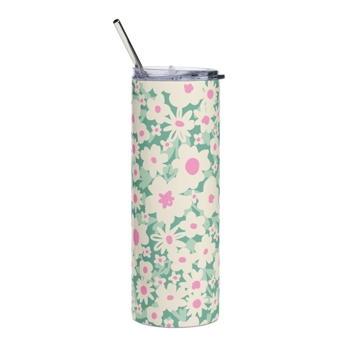 Pastel Pink & Green Daisy 20oz Floral Stainless Tumbler Travel Cup