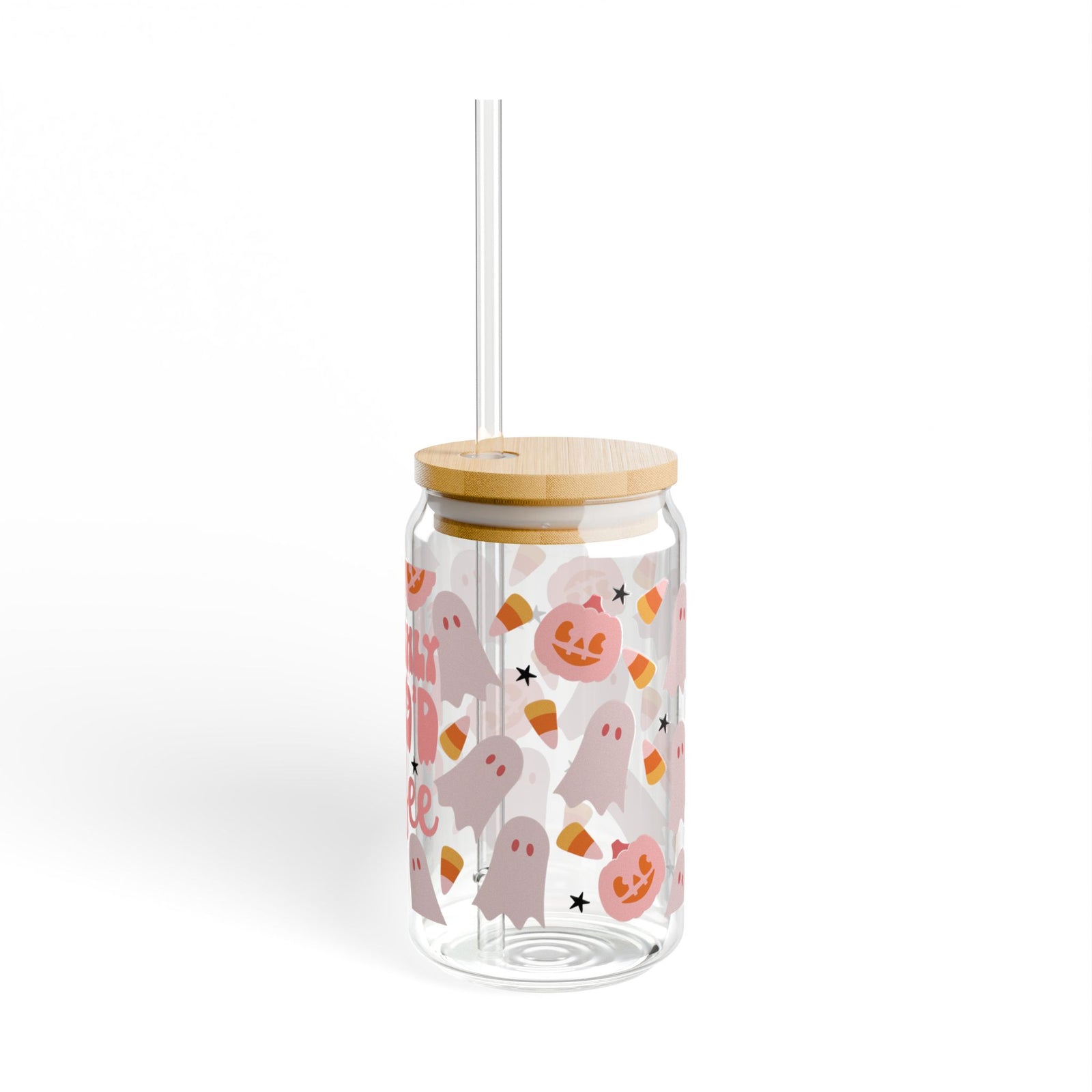Freshly Boo'd Coffee"Cute Ghost & Candy Corn Sipper Glass 16oz Reusable Drink Jar with Lid & Straw