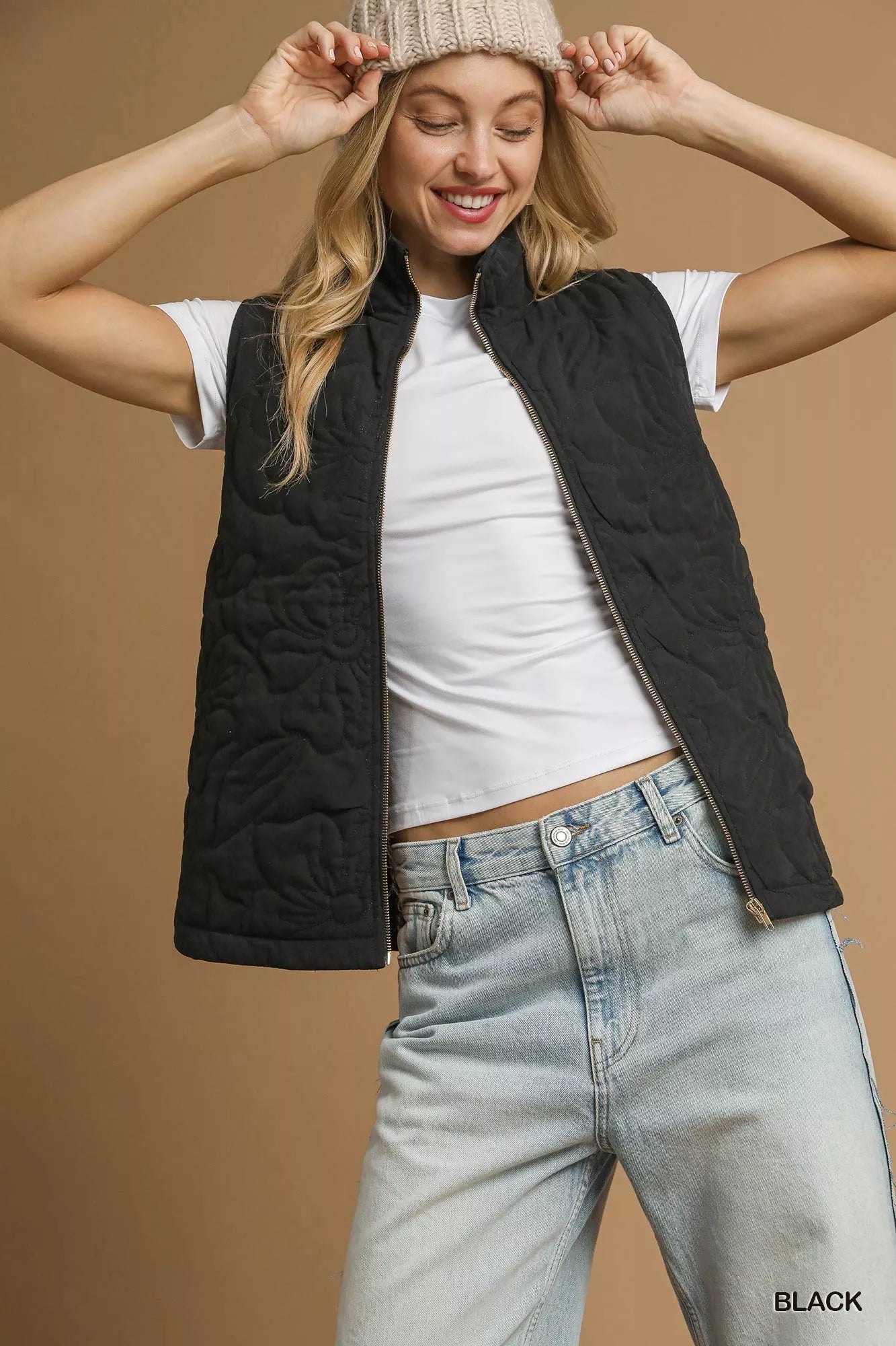Umgee Quilted Floral Zip Up Vest with Pockets - Sydney So Sweet