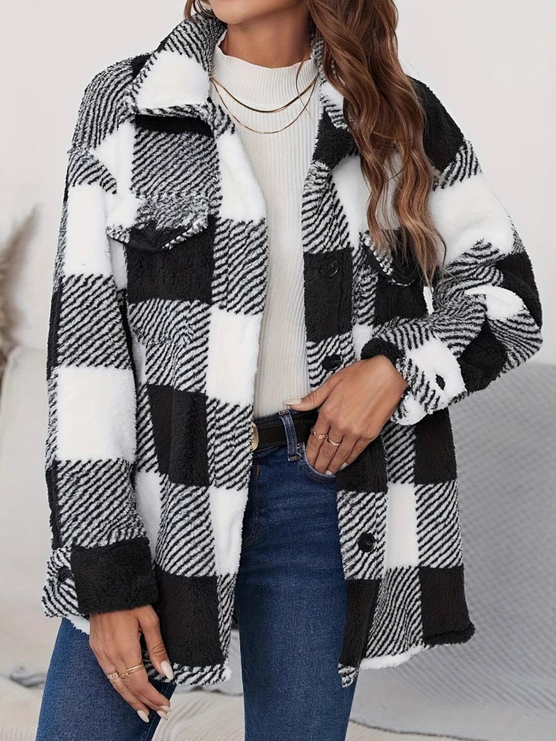 Plaid Button Up Long Sleeve Fuzzy Jacket - Sydney So Sweet