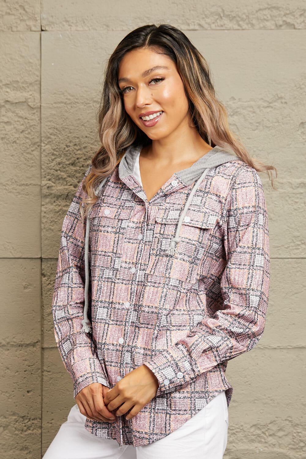 Double Take Plaid Long Sleeve Hooded Jacket - Sydney So Sweet