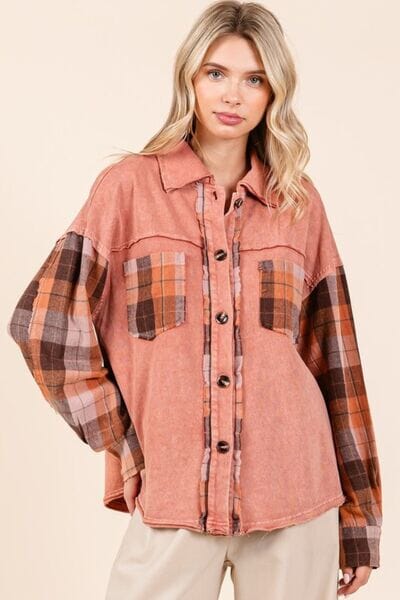 Mittoshop Button Down Contrast Plaid Patchwork Shacket - Sydney So Sweet