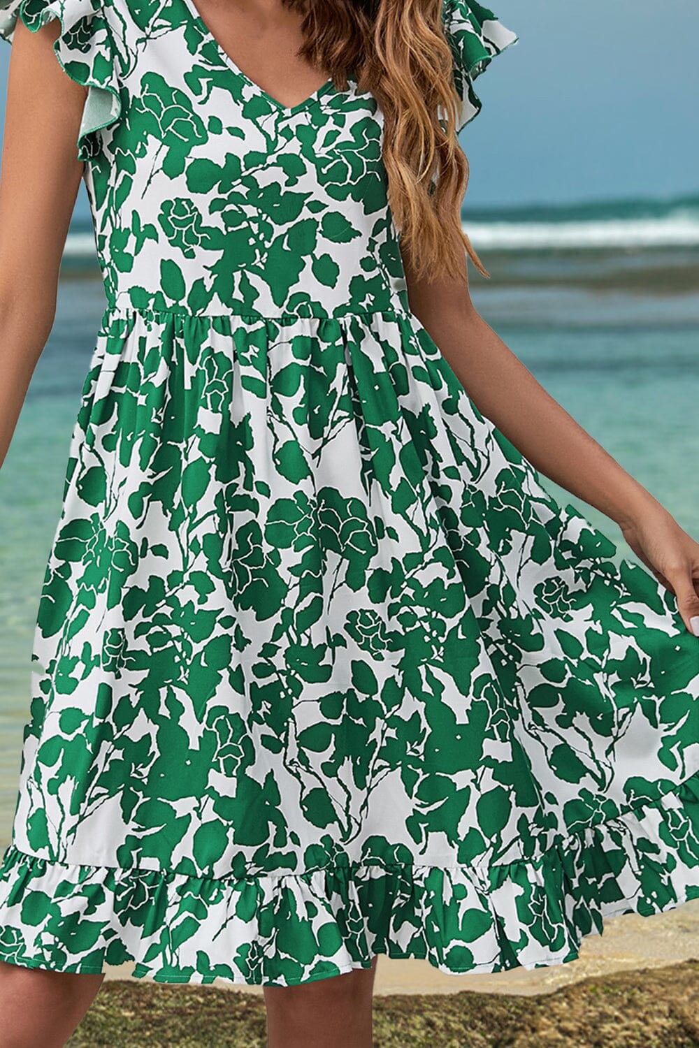 Ruffled Printed V-Neck Cap Sleeve Dress - Sydney So Sweet