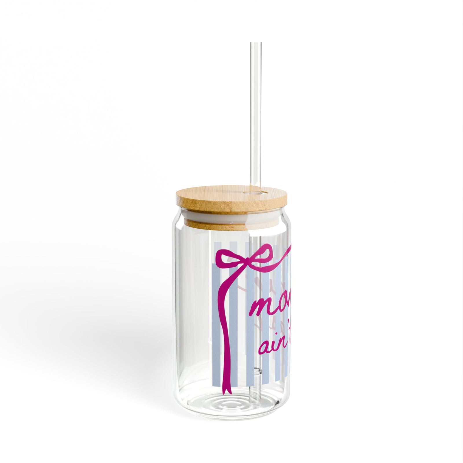 Mommin' Ain't Easy Pink Script Sipper Glass 16oz Reusable Drink Jar with Lid & Straw