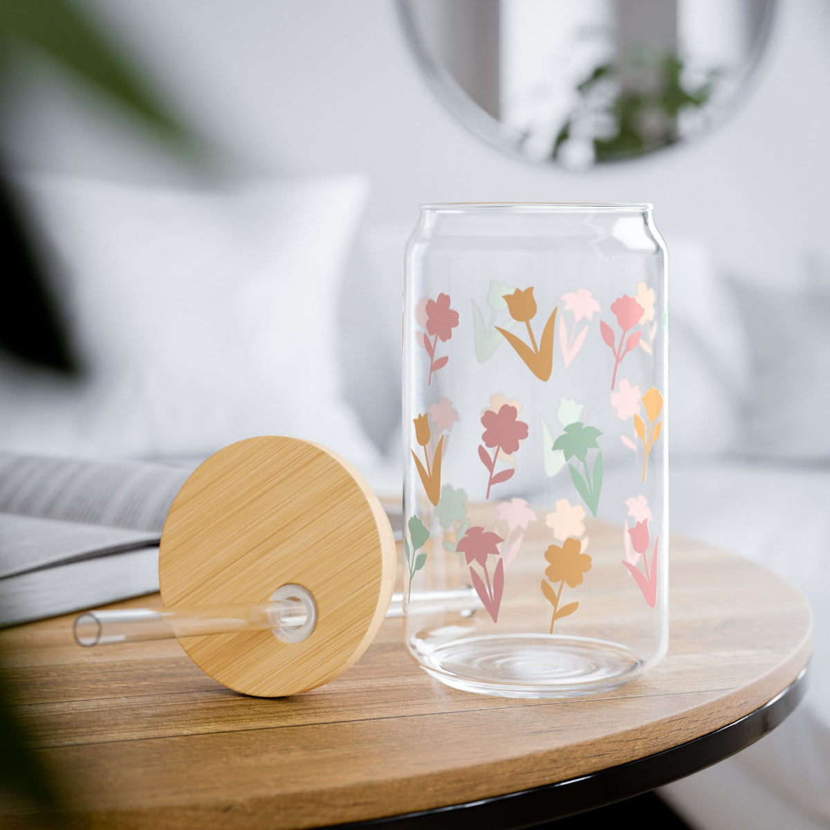 Spring Floral Tumbler Sipper Glass 16oz — Reusable Drink Jar with Lid & Straw