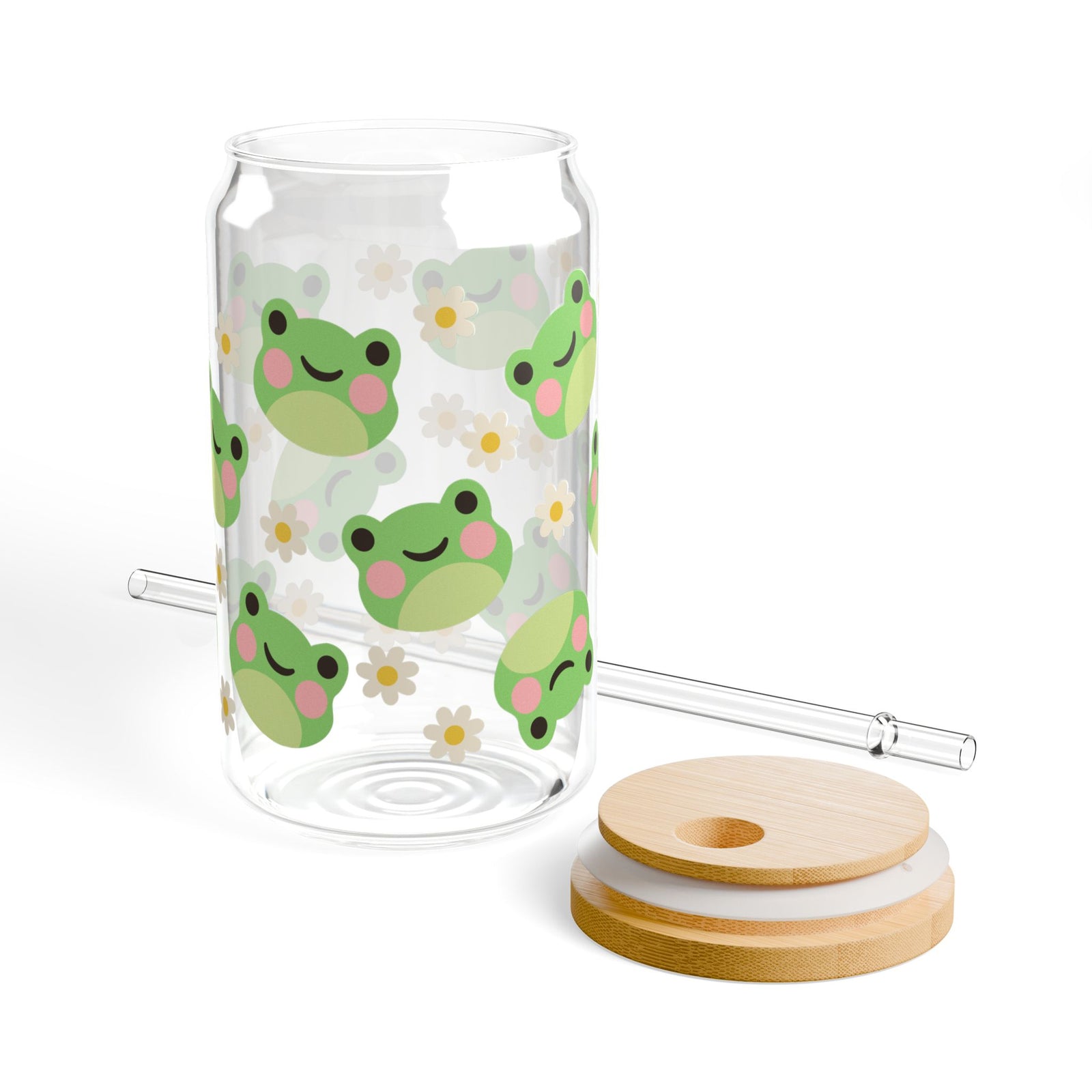 Kawaii Frog Daisy Tumbler Sipper Glass 16oz — Reusable Drink Jar with Lid & Straw - Sydney So Sweet