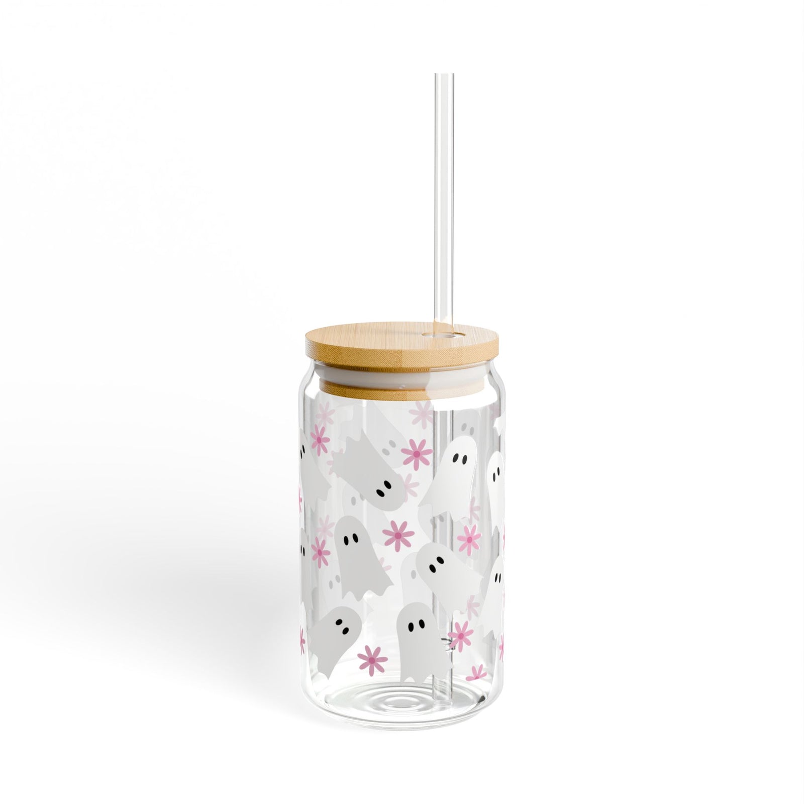 Boho Ghosts & Flowers Halloween Sipper Glass 16oz Reusable Drink Jar with Lid & Straw