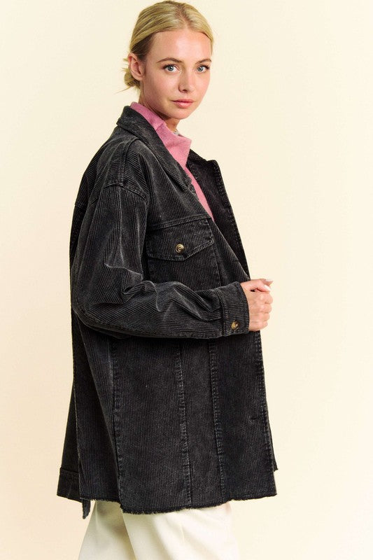 Davi & Dani Washed Corduroy Raw Hem Button Up Jacket - Sydney So Sweet