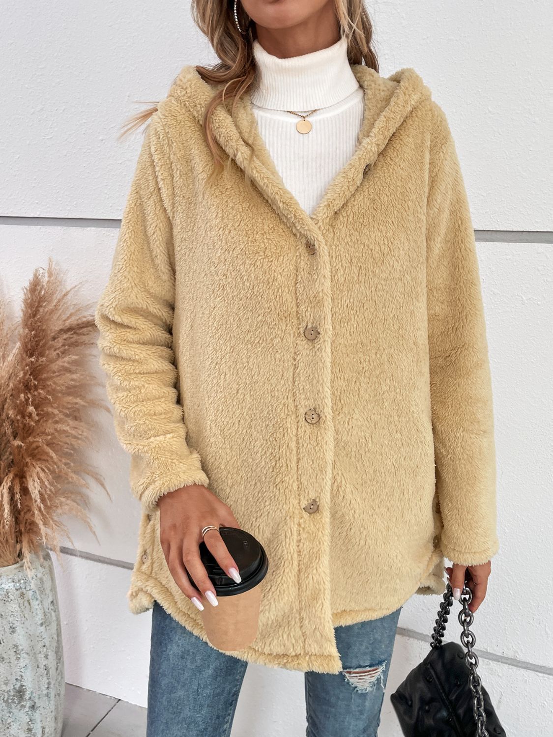 Fuzzy Button Up Hooded Jacket - Sydney So Sweet