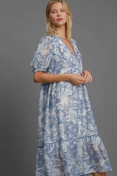 Umgee Full Size Printed Puff Short Sleeve Midi Dress Plus Size - Sydney So Sweet
