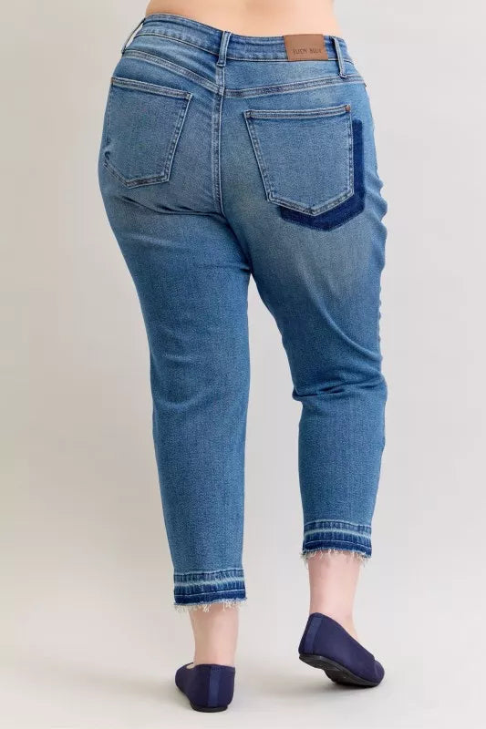 Judy Blue Full Size Mid Rise Bf Patch & Repair Destroy Release Hem Jeans Plus Size - Sydney So Sweet