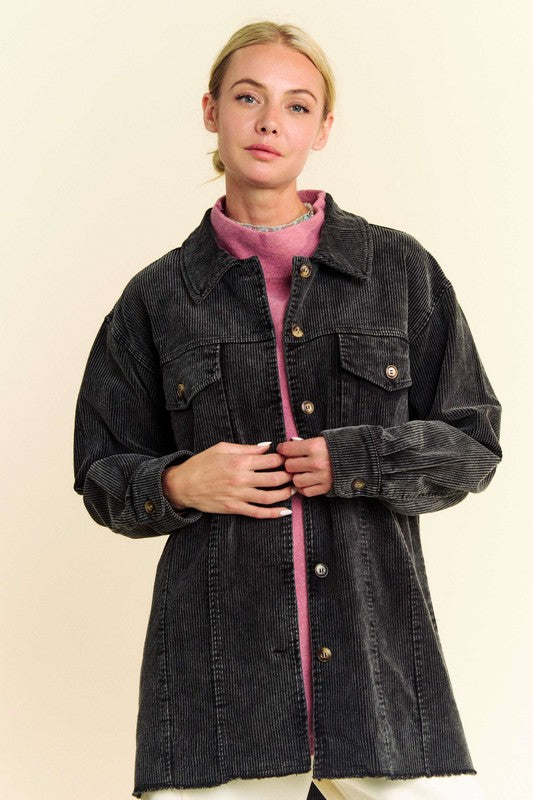 Davi &amp; Dani Washed Corduroy Raw Hem Button Up Jacket - Sydney So Sweet