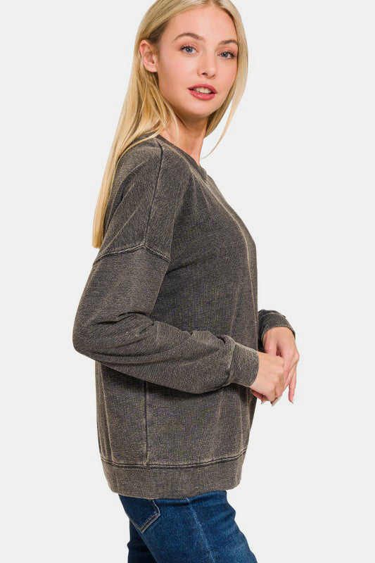 Zenana Washed Round Neck Dropped Shoulder Sweatshirt - Sydney So Sweet