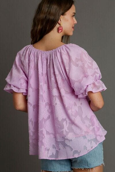 Umgee Full Size Jacquard Round Neck Ruffled Puff Sleeve Blouse Plus Size - Sydney So Sweet