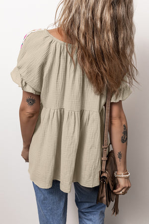 Embroidered Tie Neck Short Sleeve Blouse - Sydney So Sweet