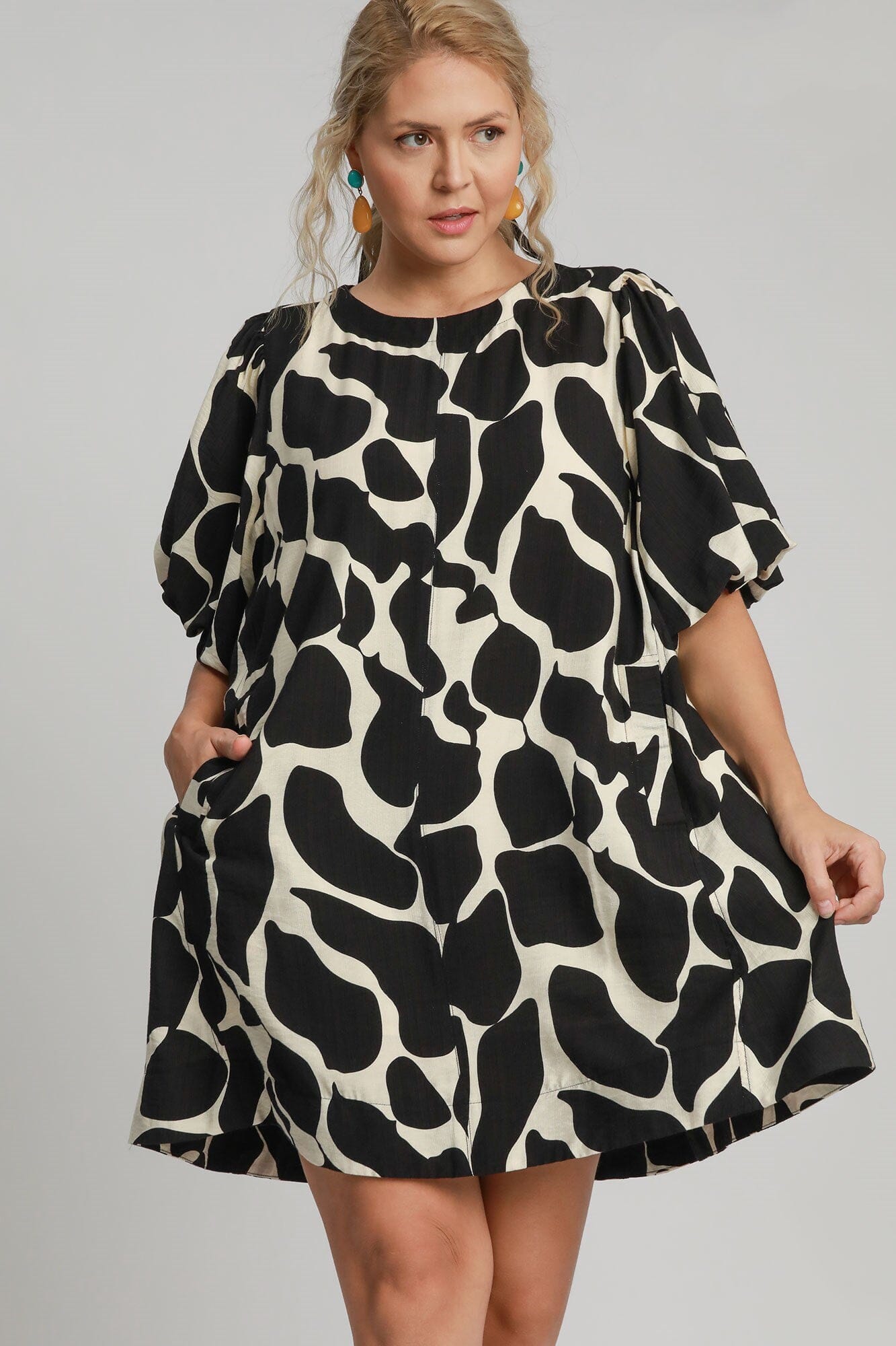 Umgee Full Size Two Tone Abstract Print Puff Sleeve Dress Plus Size - Sydney So Sweet