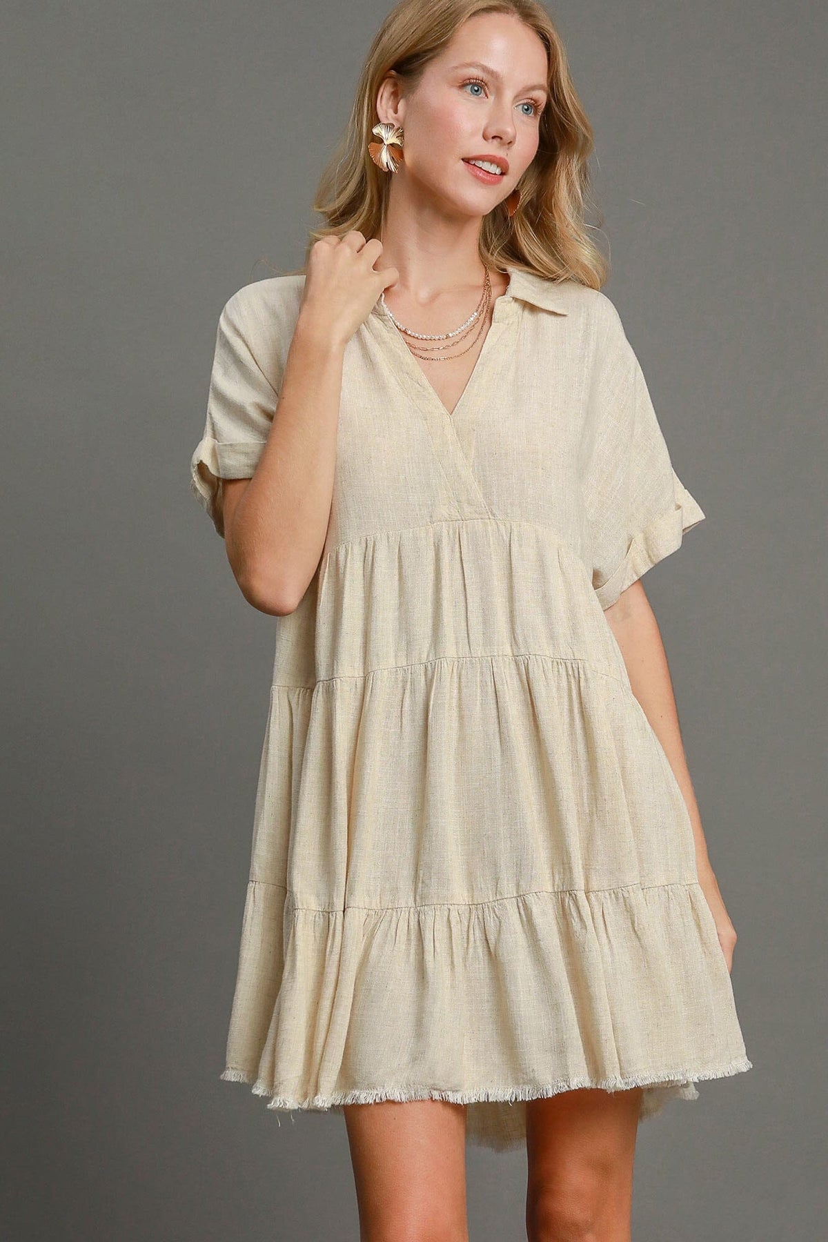 Umgee Full Size Raw Hem Folded Sleeve Tiered Dress Plus Size - Sydney So Sweet