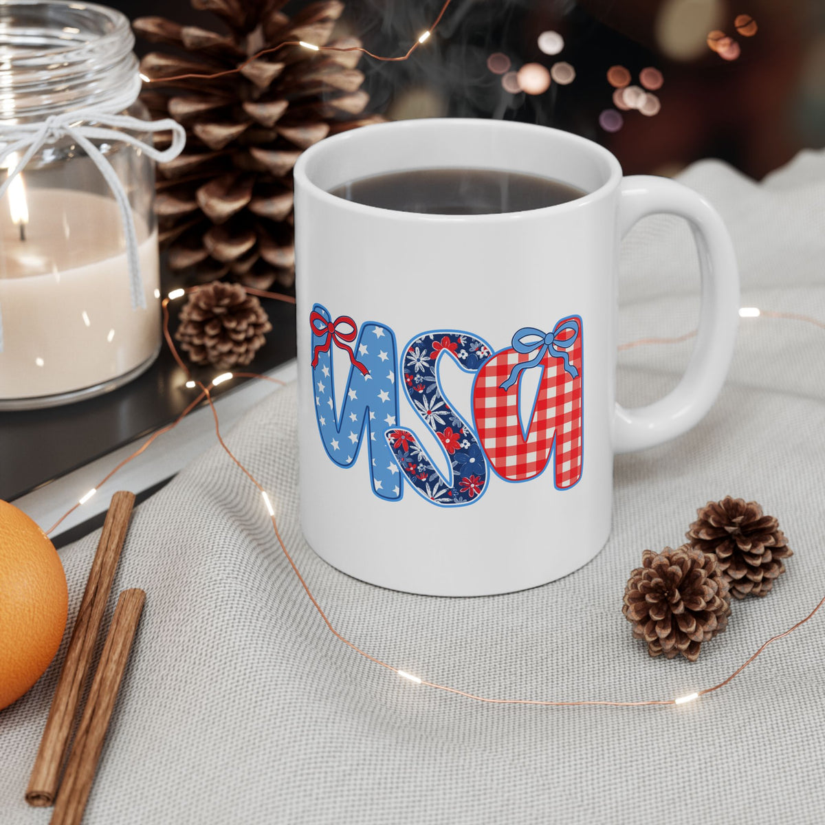 USA Coquette Bow Patriotic Cute Ceramic Mug Coffee Cup (11oz & 15oz)