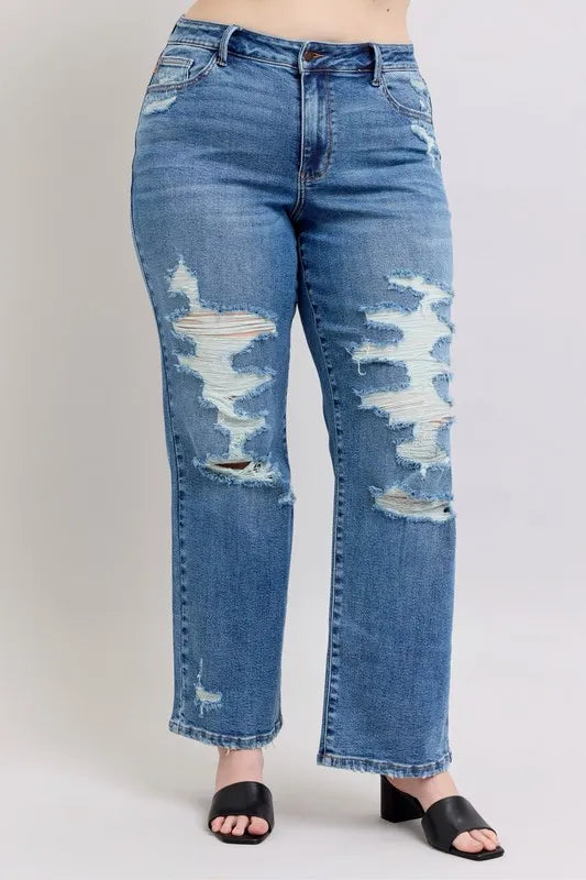 Judy Blue Full Size High Waist Heavy Destroy Straight Jeans Plus Size - Sydney So Sweet