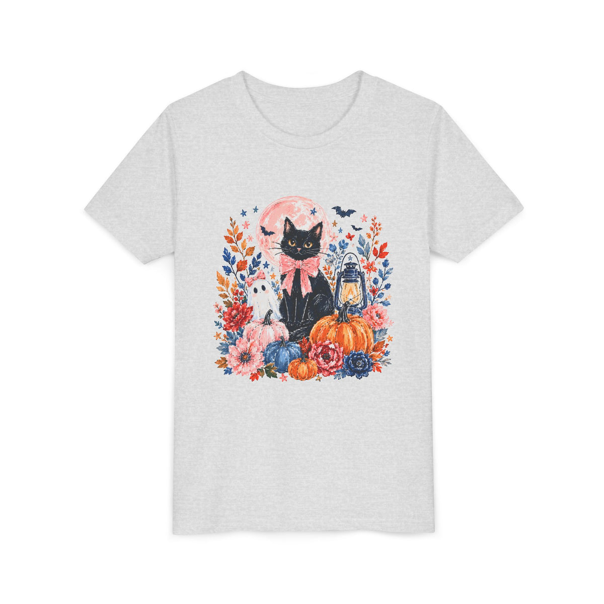 Girly Black Cat Halloween T-Shirt Cute Pumpkin & Lantern Fall Kids Graphic Tee