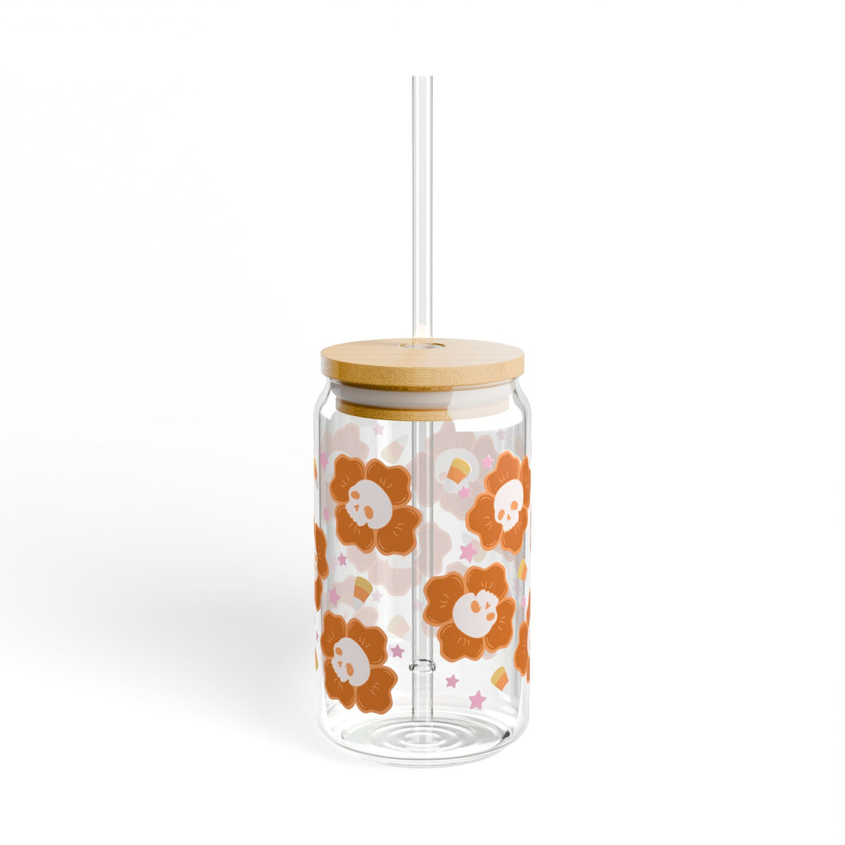 Spooky Skull Floral Halloween Sipper Glass 16oz Reusable Drink Jar with Lid & Straw
