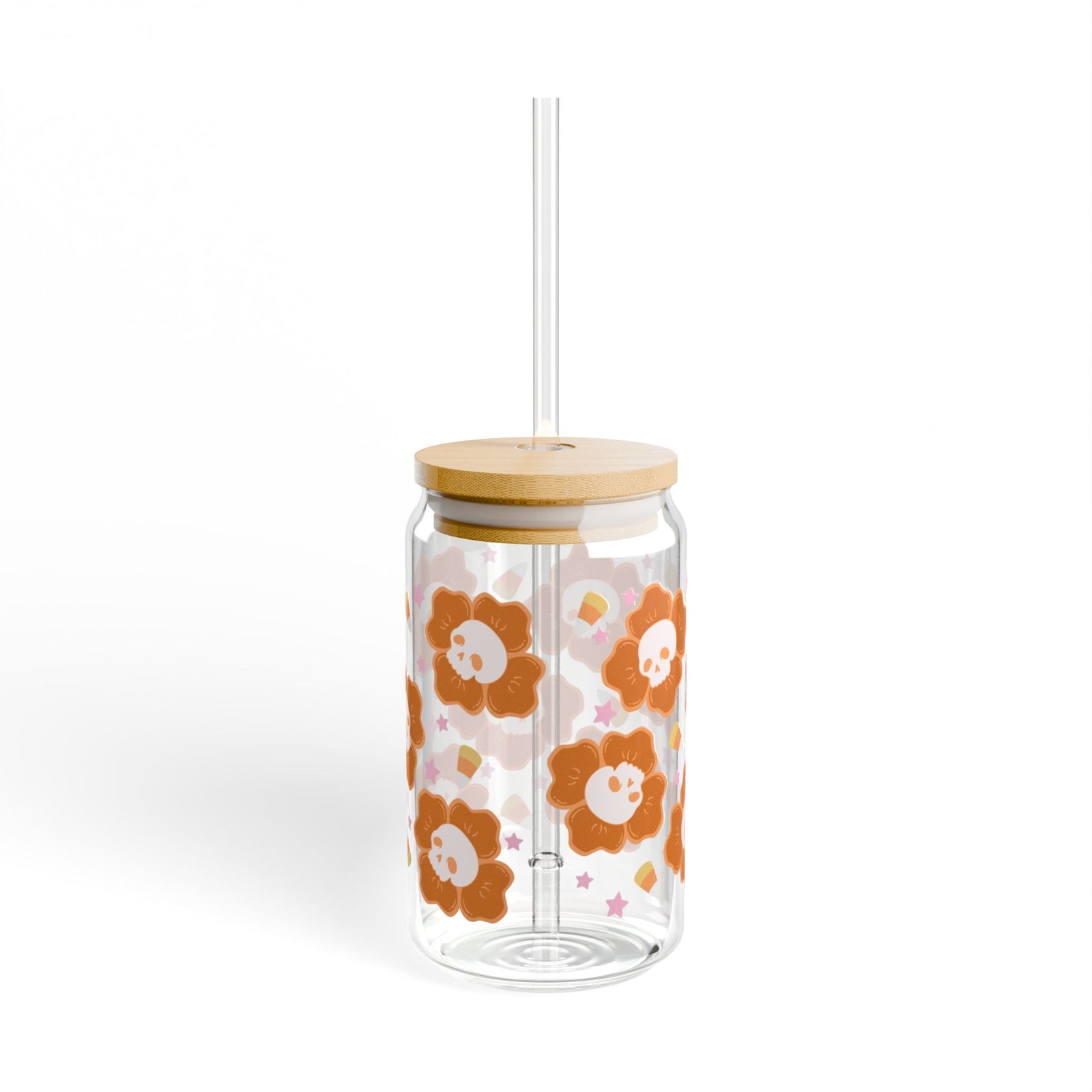 Spooky Skull Floral Halloween Sipper Glass 16oz Reusable Drink Jar with Lid & Straw