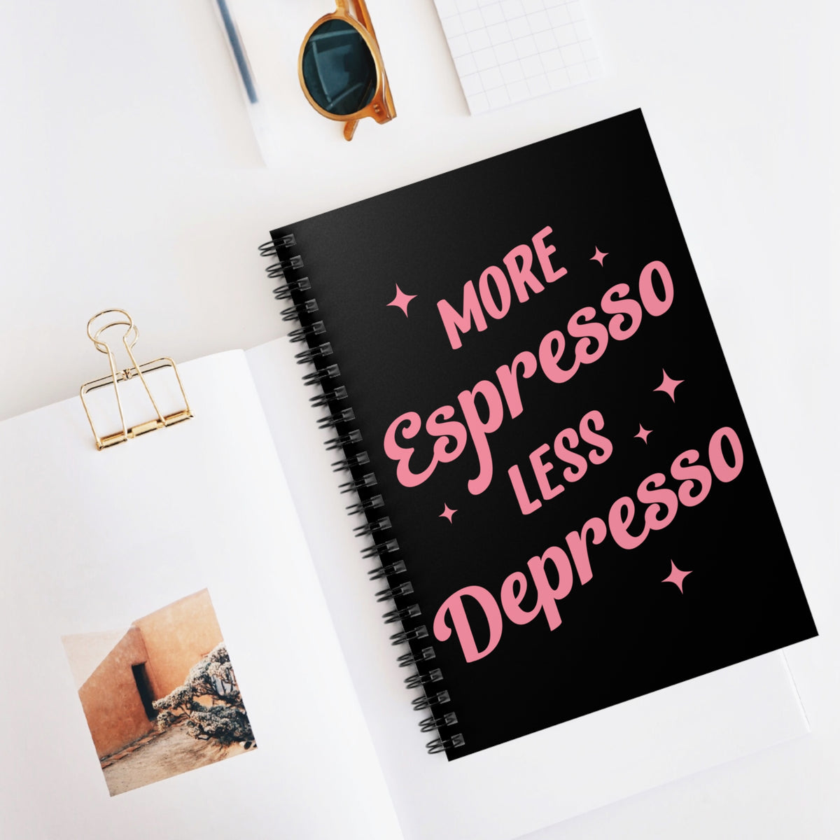 More Espresso Less Depresso Spiral Notebook Funny Coffee Quote Ruled Journal