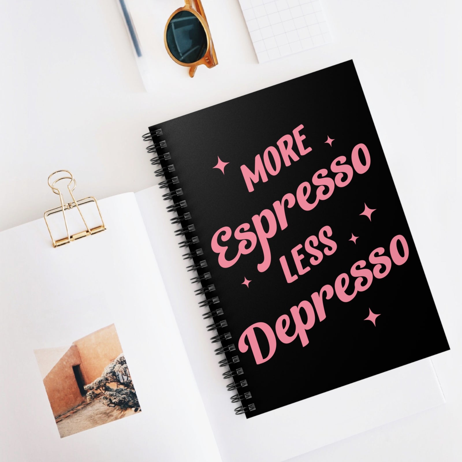 More Espresso Less Depresso Spiral Notebook Funny Coffee Quote Ruled Journal