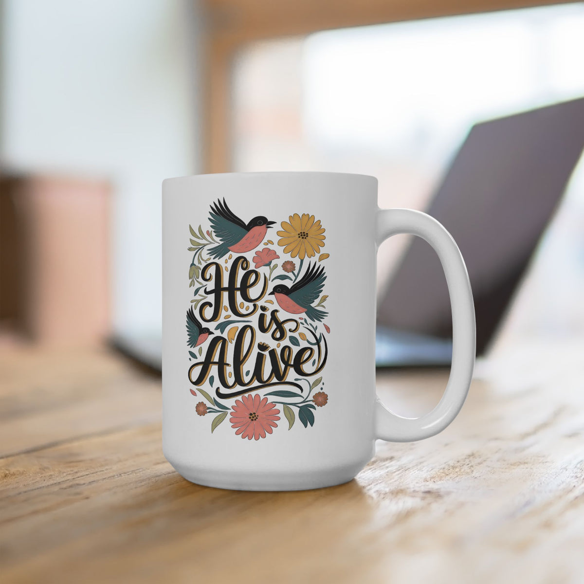 He is Alive Floral Birds Easter Christian Ceramic Mug Coffee Cup (11oz & 15oz)