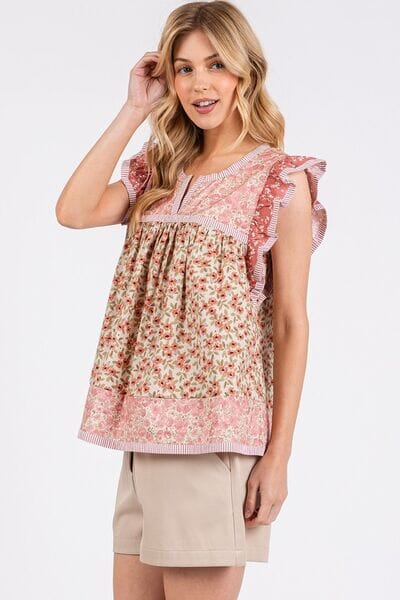 Mittoshop Floral Notched Ruffled Cap Sleeve Blouse - Sydney So Sweet