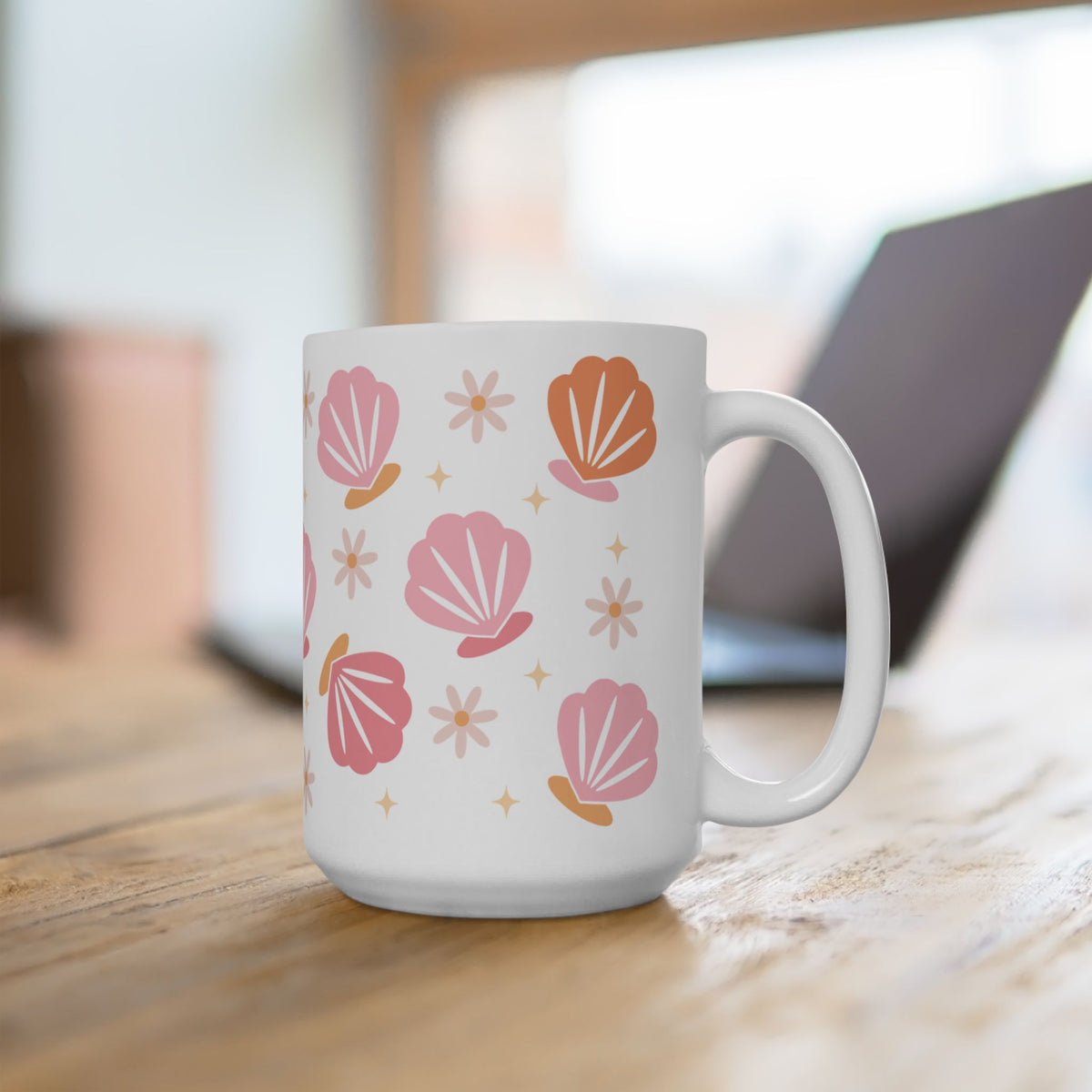 Sea Shell Pattern Ceramic Mug — Pink & Peach Seashell Coffee Cup (11oz/15oz)