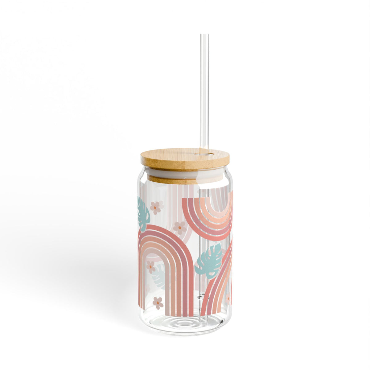 Boho Retro Rainbow Tumbler Sipper Glass 16oz — Reusable Drink Jar with Lid & Straw