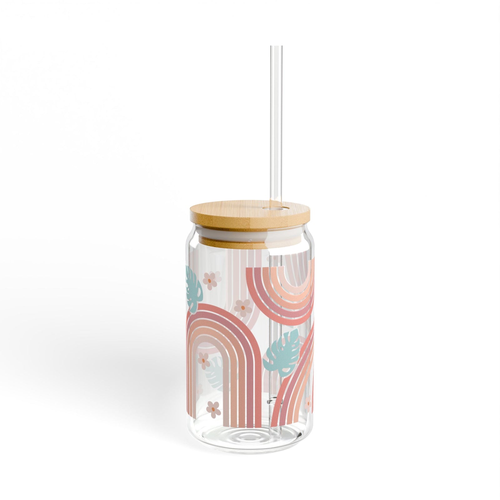 Boho Retro Rainbow Tumbler Sipper Glass 16oz — Reusable Drink Jar with Lid & Straw