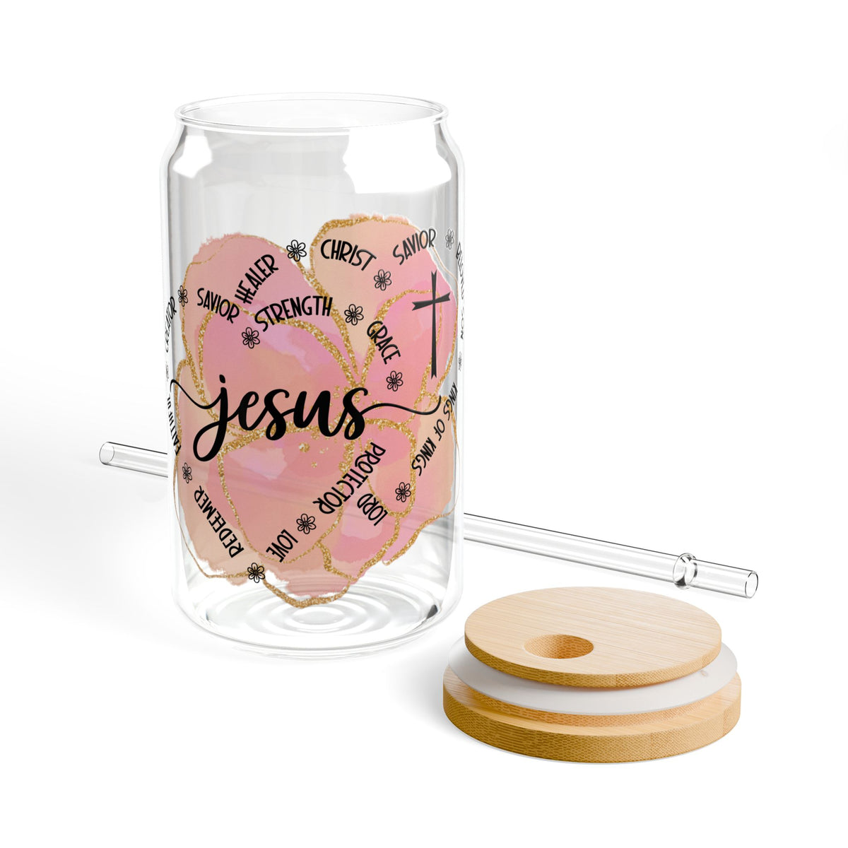 Jesus Strength & Grace Christian Tumbler Sipper Glass 16oz — Reusable Drink Jar with Lid & Straw