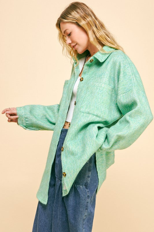 Davi & Dani Curved Hem Heathered Dropped Shoulder Shacket - Sydney So Sweet