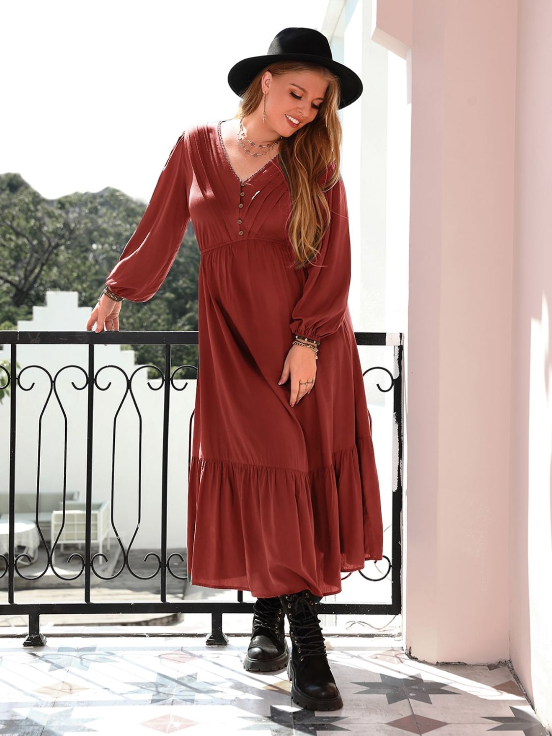 Plus Size Quarter Button V-Neck Long Sleeve Dress - Sydney So Sweet