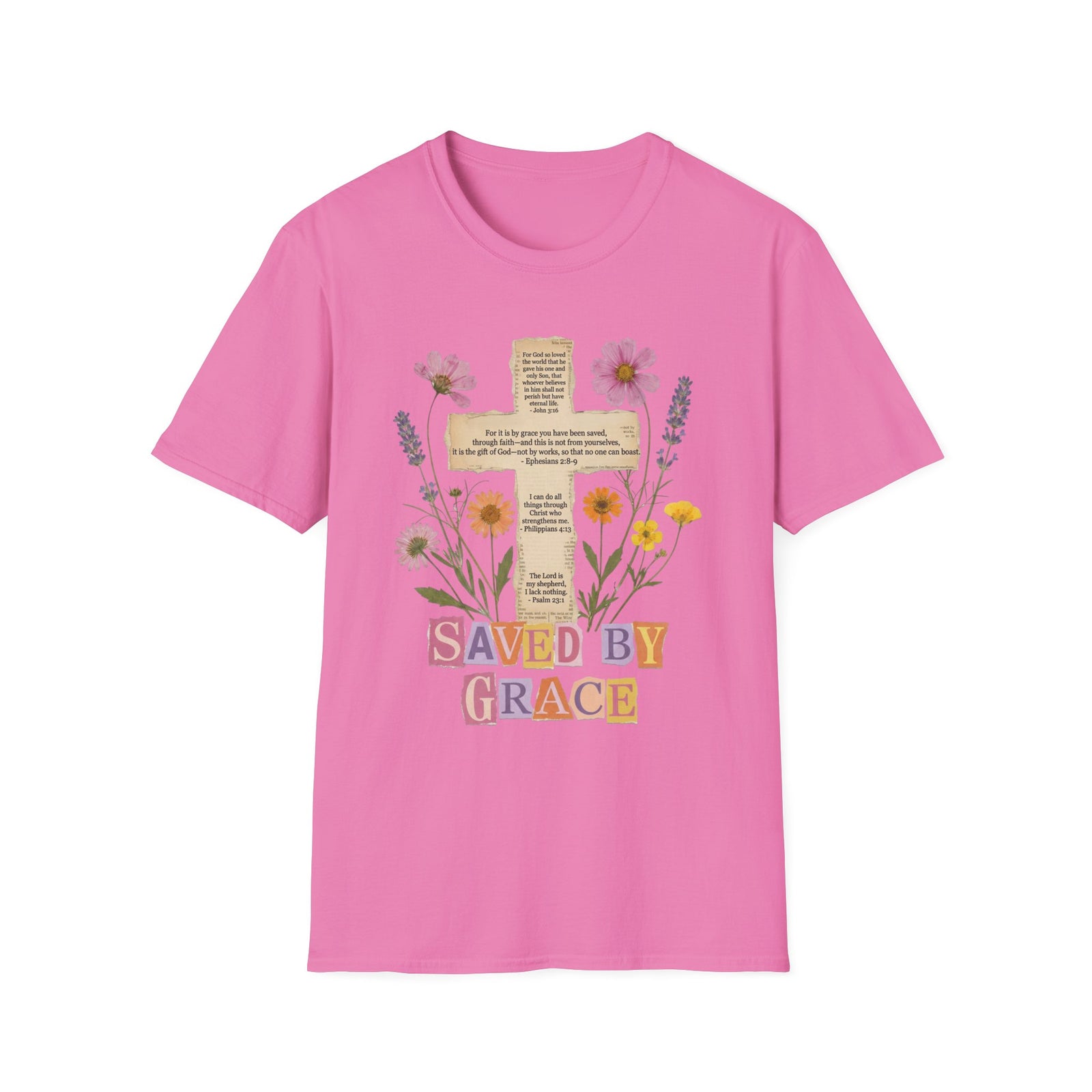 Saved by Grace Collage Floral Cross Tee Bible Verse Christian T-Shirt