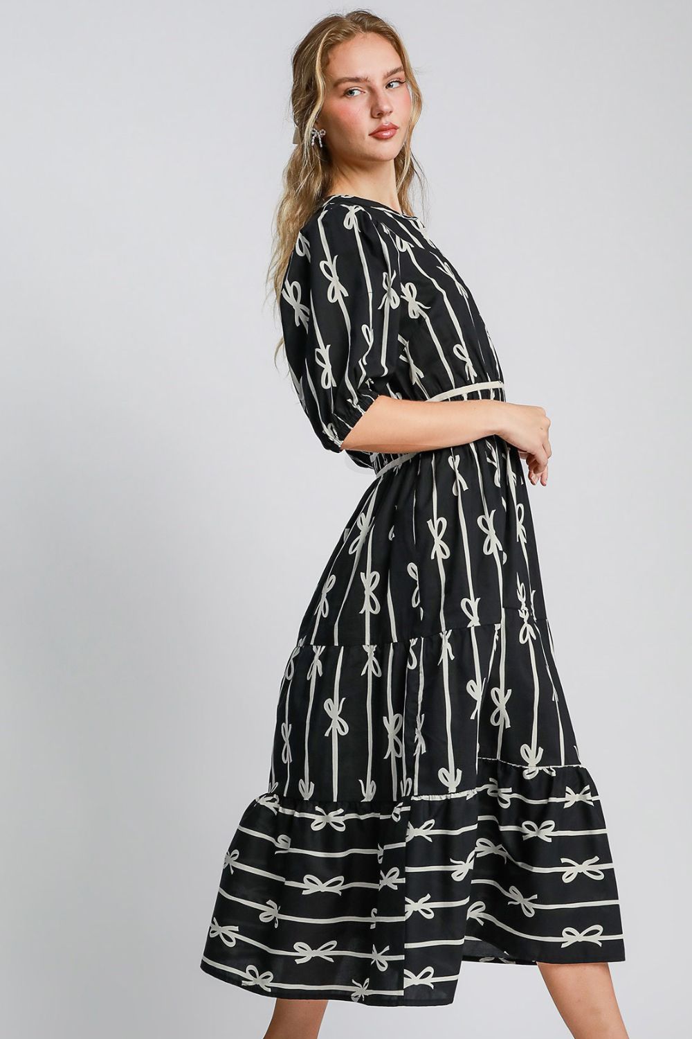 Umgee Bow Tie Print Notched Contrast Velvet Trim Midi Dress - Sydney So Sweet