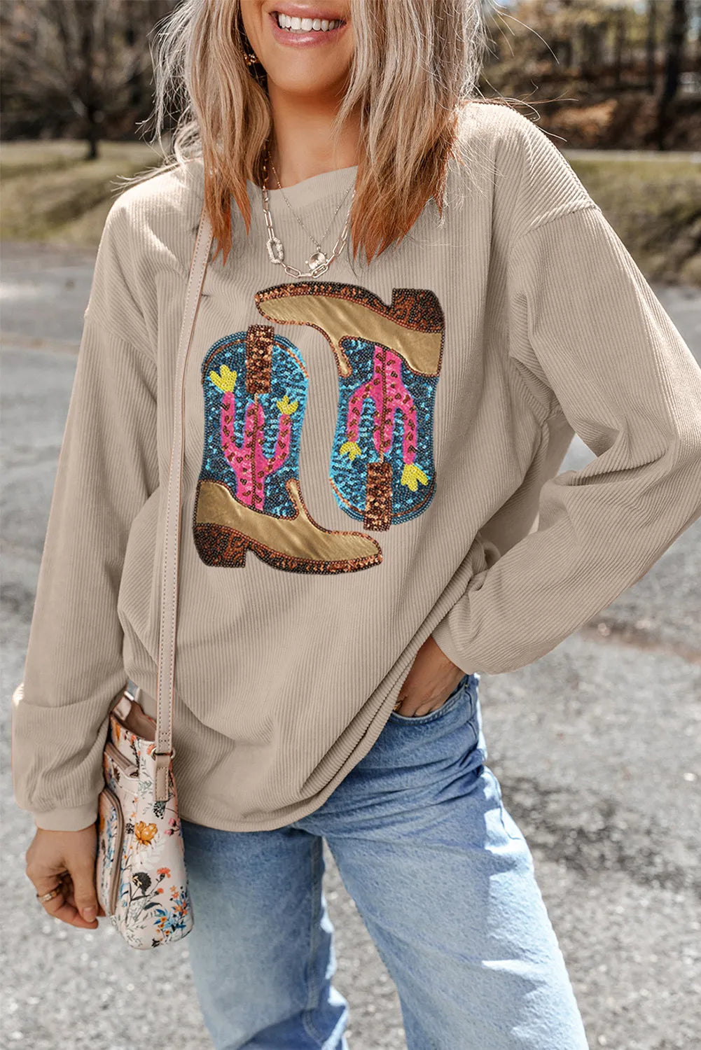 Full Size Sequin Boots Round Neck Long Sleeve Sweatshirt - Sydney So Sweet