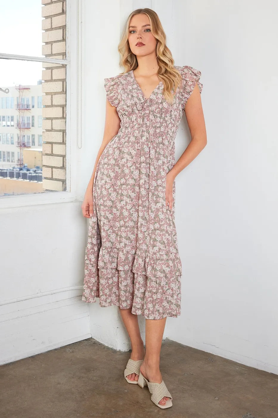 Mittoshop Flower Print Ruffle Cap Sleeve V-neck Midi Dress - Sydney So Sweet
