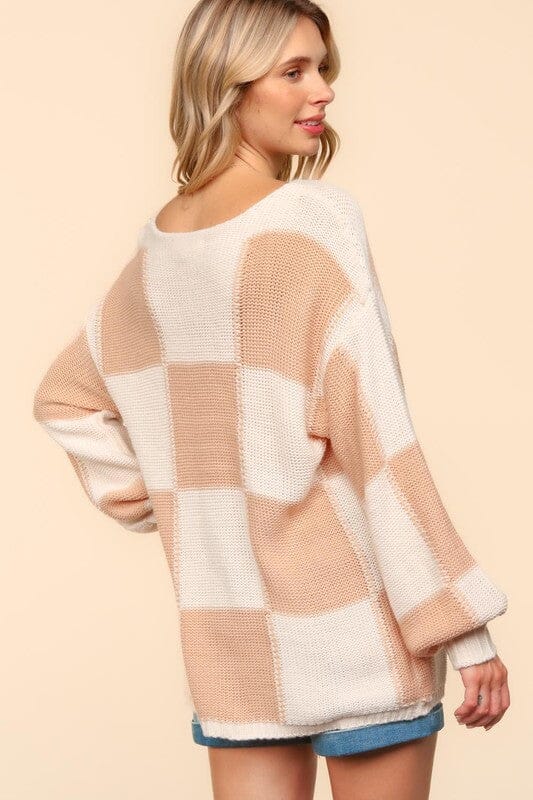 Haptics Full Size Checkered Round Neck Drop Shoulder Sweater - Sydney So Sweet