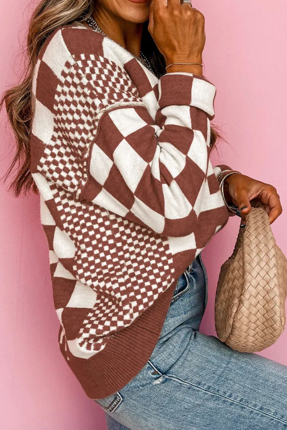 Checkered Round Neck Long Sleeve Sweater - Sydney So Sweet