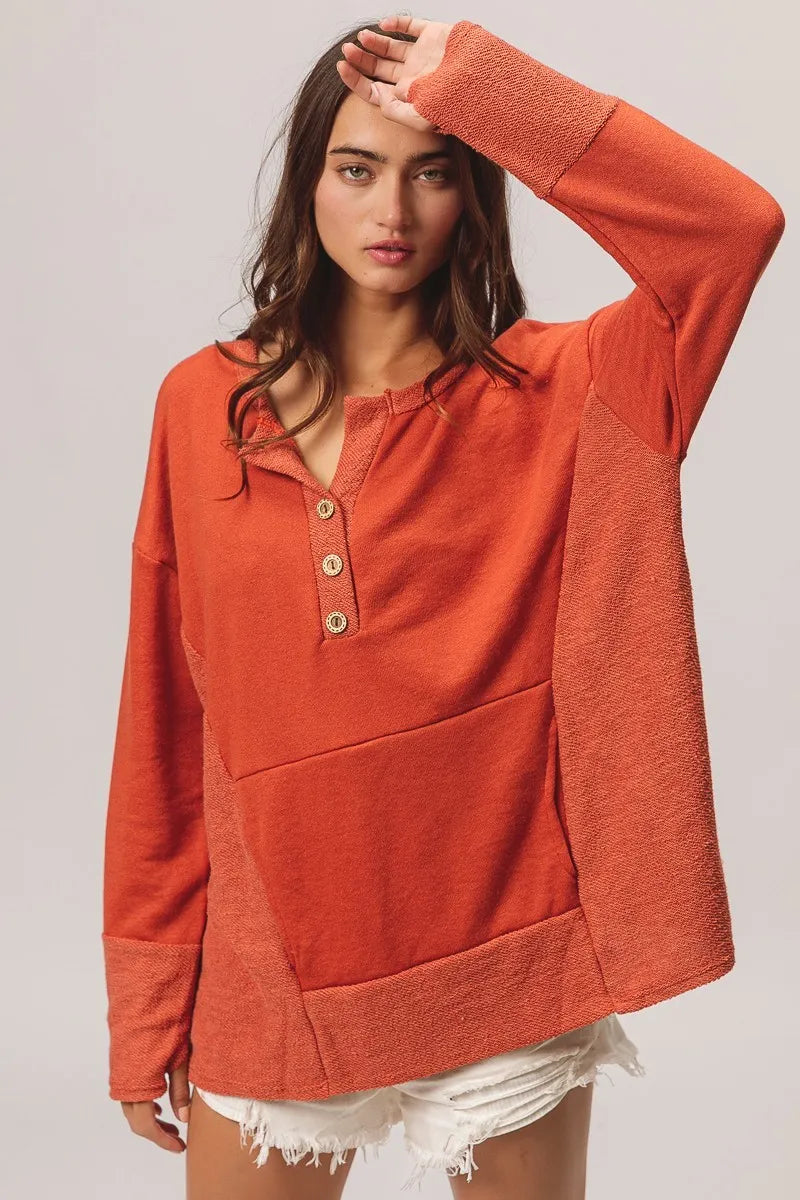 BiBi French Terry Knit Side Block Buttoned Henley Top - Sydney So Sweet