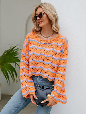 Round Neck Openwork Flare Sleeve Knit Top - Sydney So Sweet