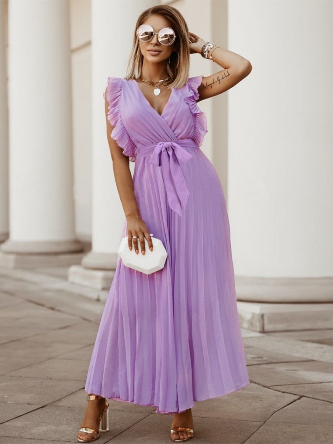 Tied Surplice Cap Sleeve Pleated Dress - Sydney So Sweet