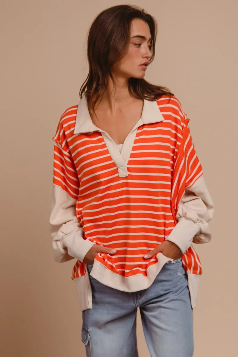 BiBi Stripe Knit Loose Fit Top With Cut Edge Detail - Sydney So Sweet